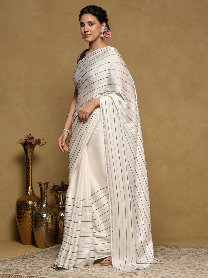 Off White Printed Satin Saree