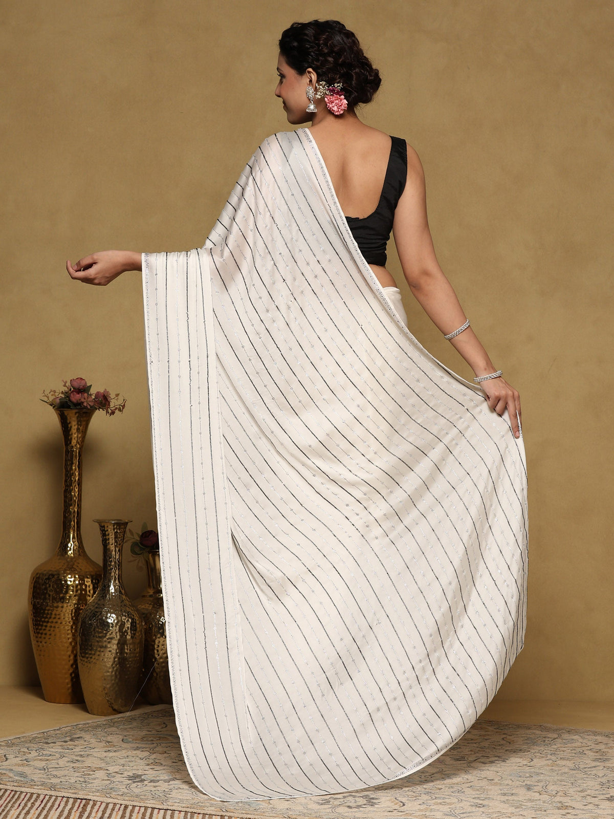 Off White Printed Satin Saree