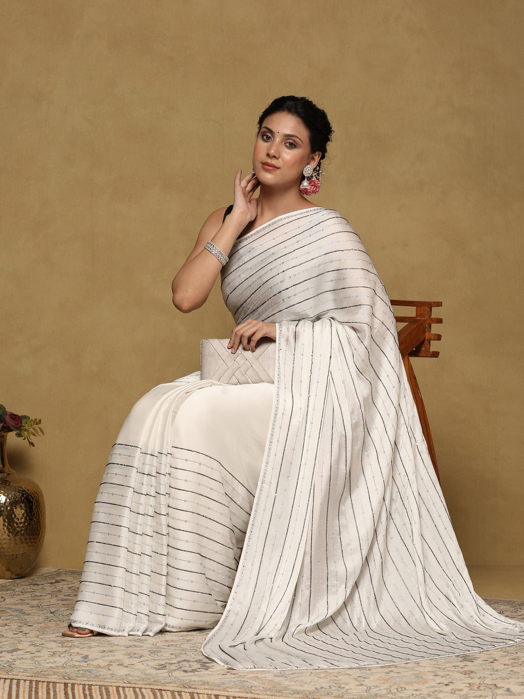 Off White Printed Satin Saree