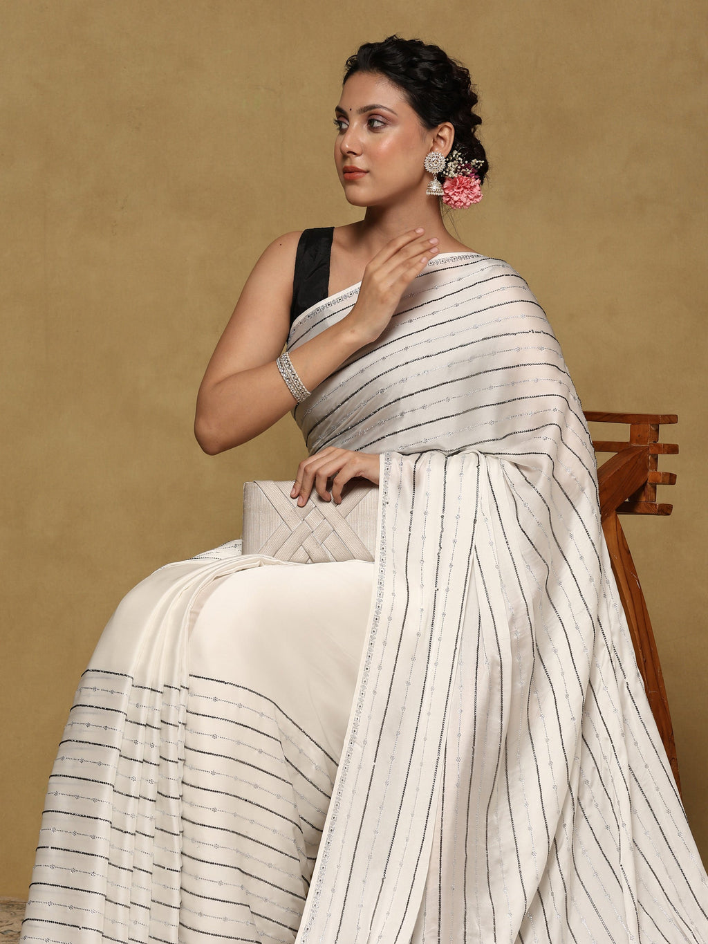 Off White Printed Satin Saree