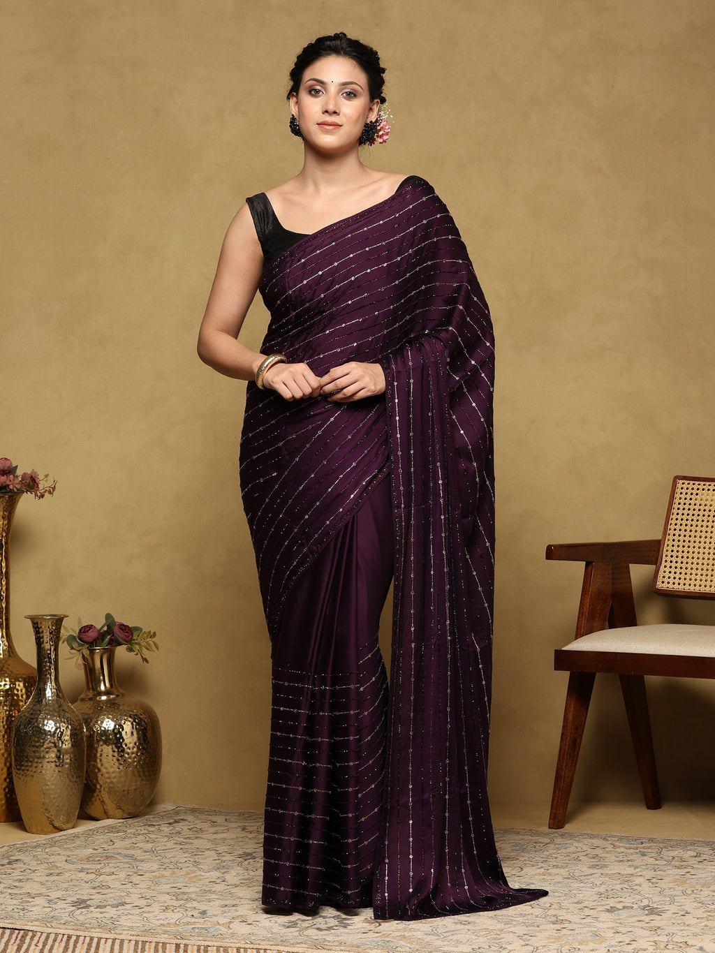 Purple Printed Satin Saree