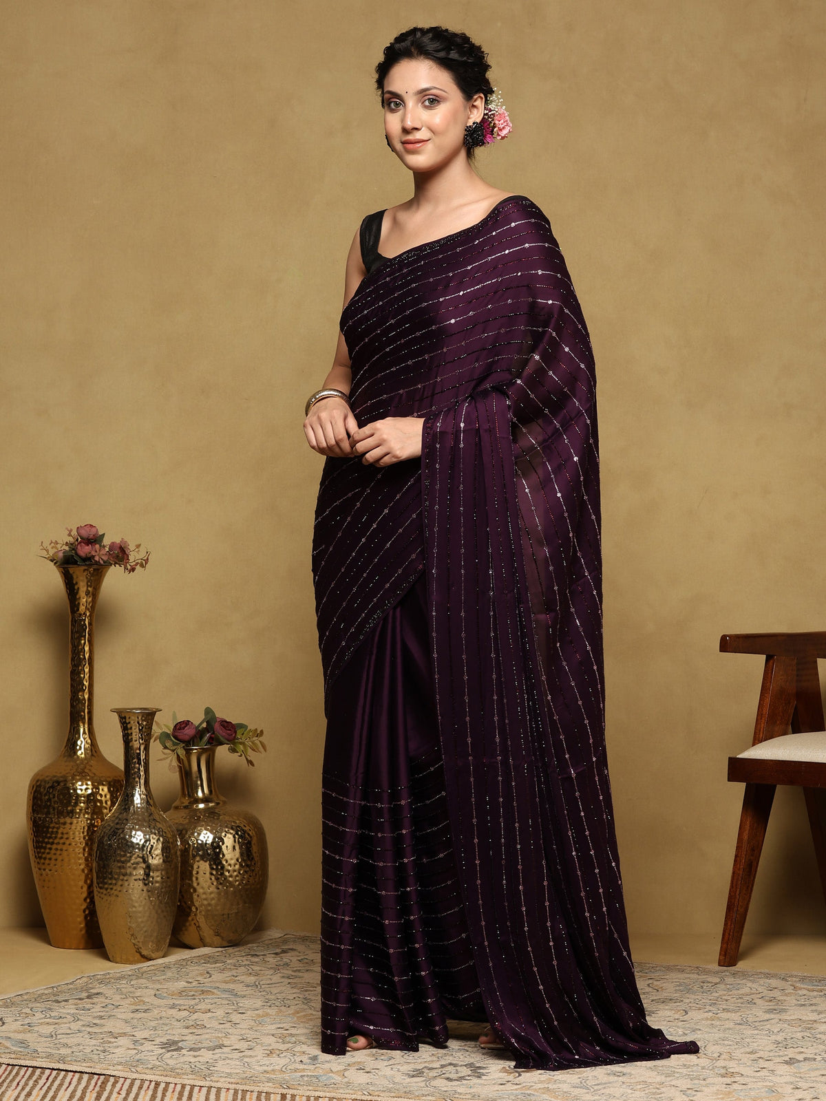 Purple Printed Satin Saree