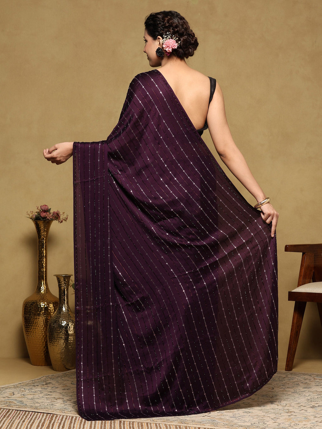 Purple Printed Satin Saree