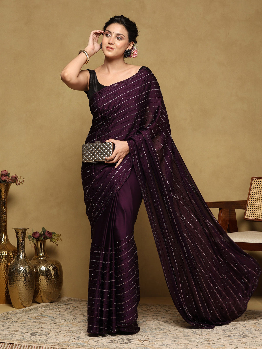 Purple Printed Satin Saree