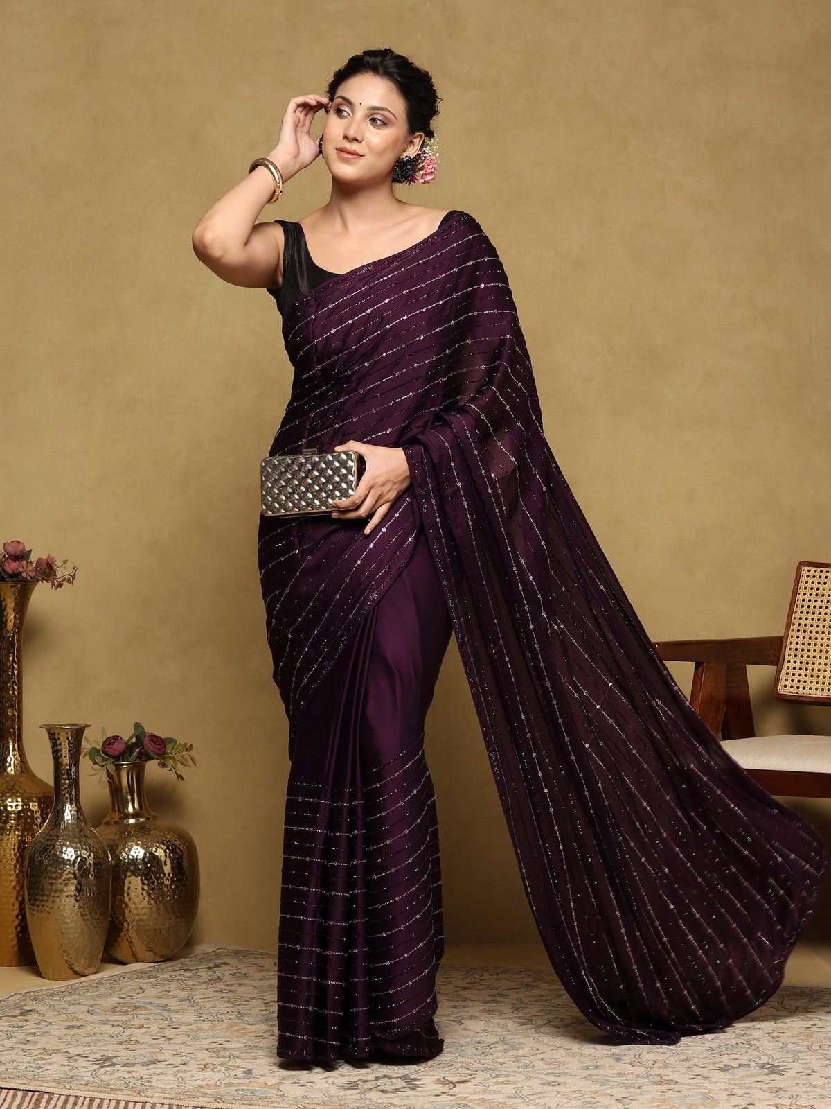 Purple Printed Satin Saree