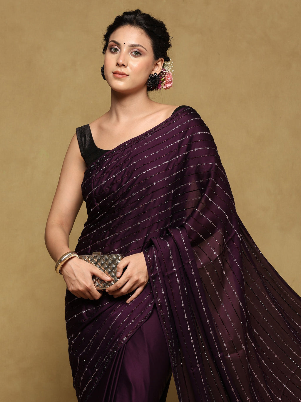 Purple Printed Satin Saree
