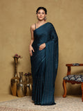 Teal Blue Printed Satin Saree