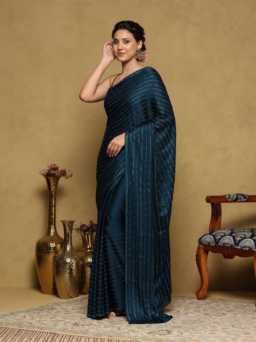 Teal Blue Printed Satin Saree