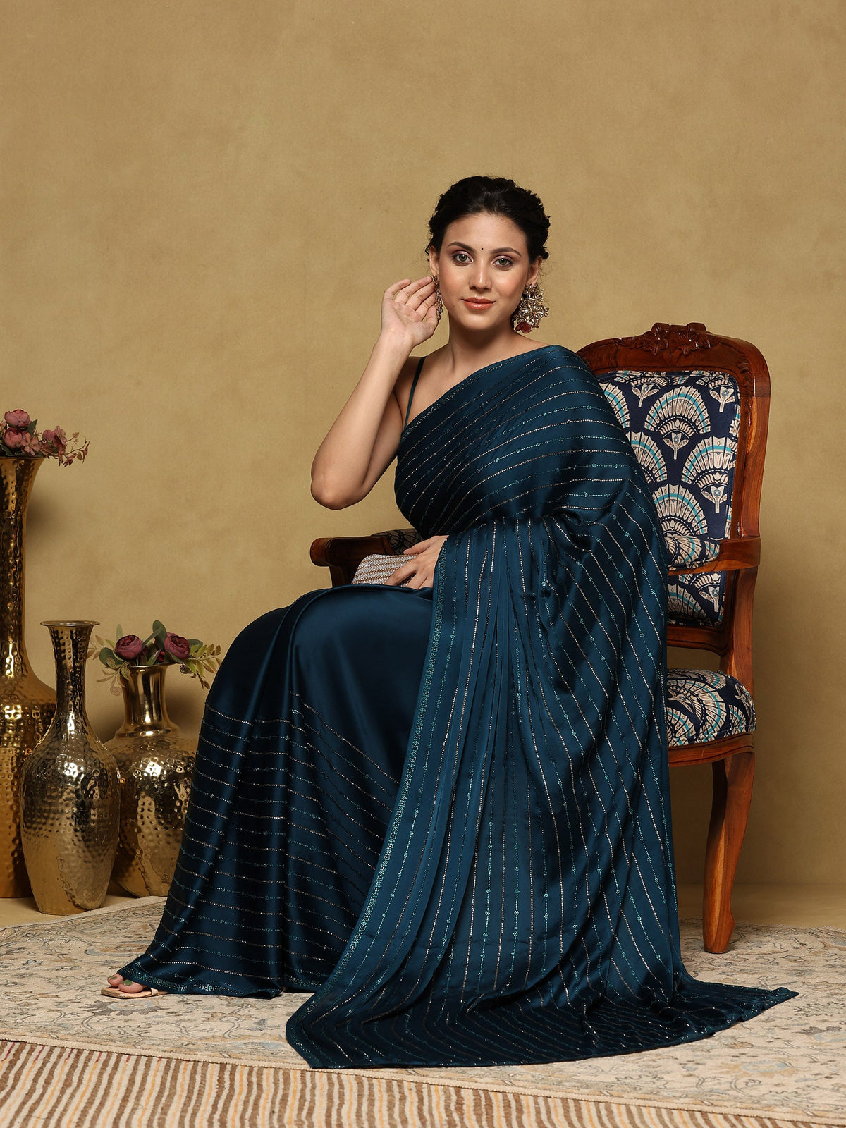 Teal Blue Printed Satin Saree
