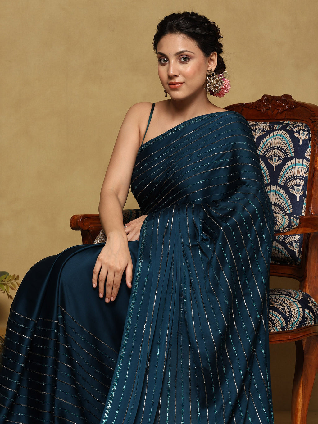 Teal Blue Printed Satin Saree
