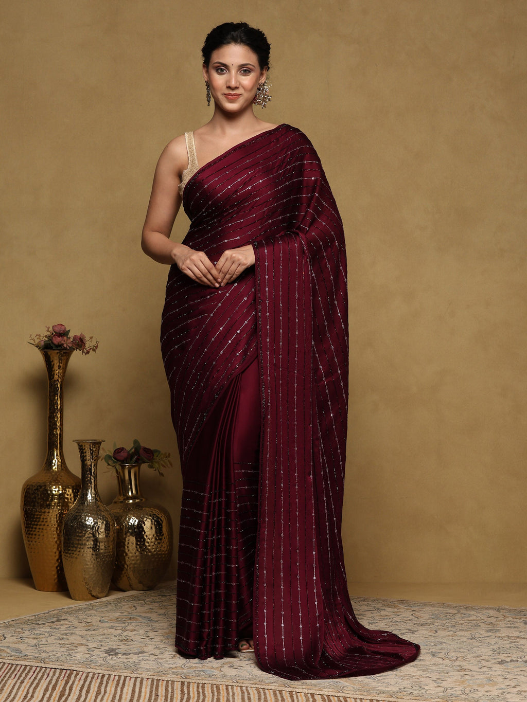 Wine Printed Satin Saree