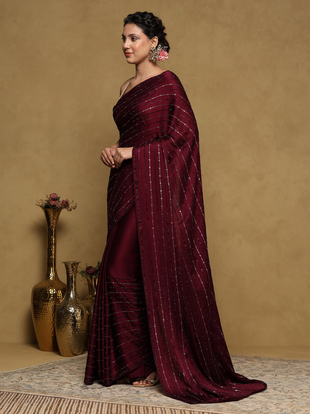 Wine Printed Satin Saree