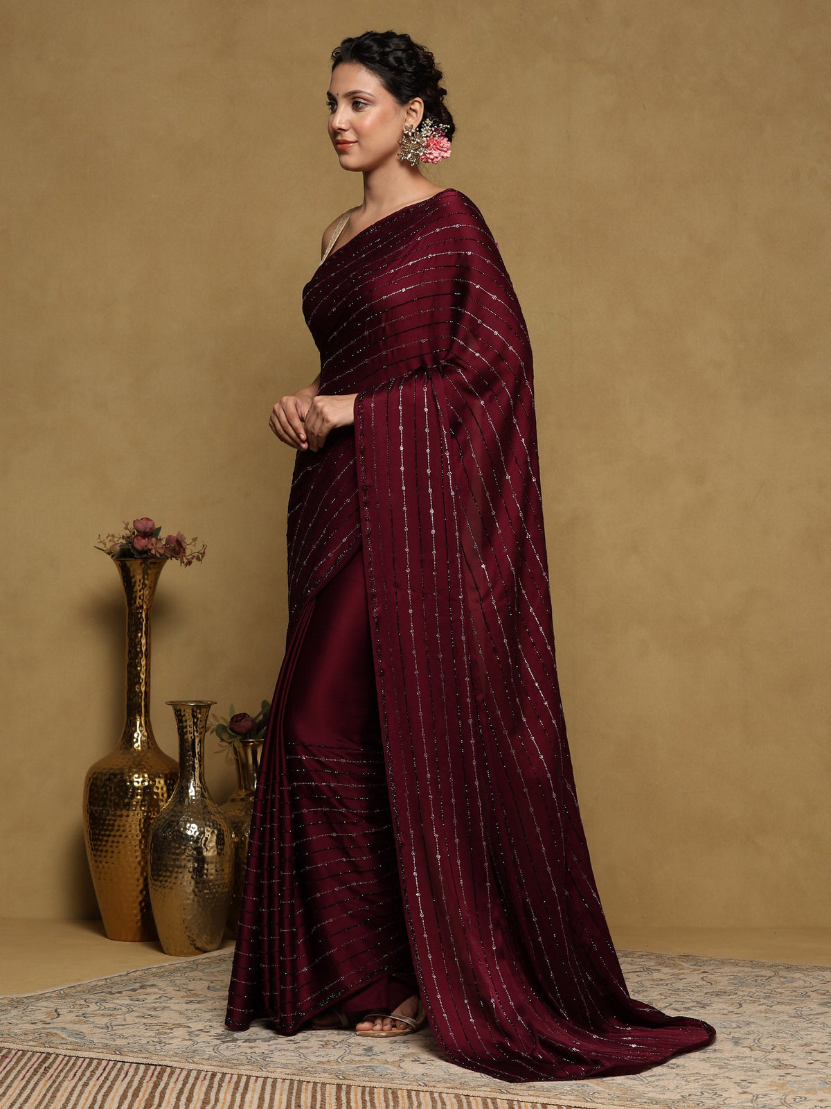 Wine Printed Satin Saree