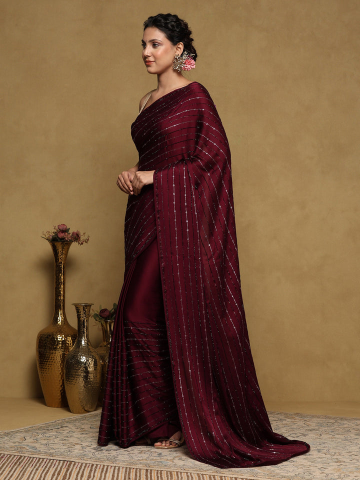 Wine Printed Satin Saree