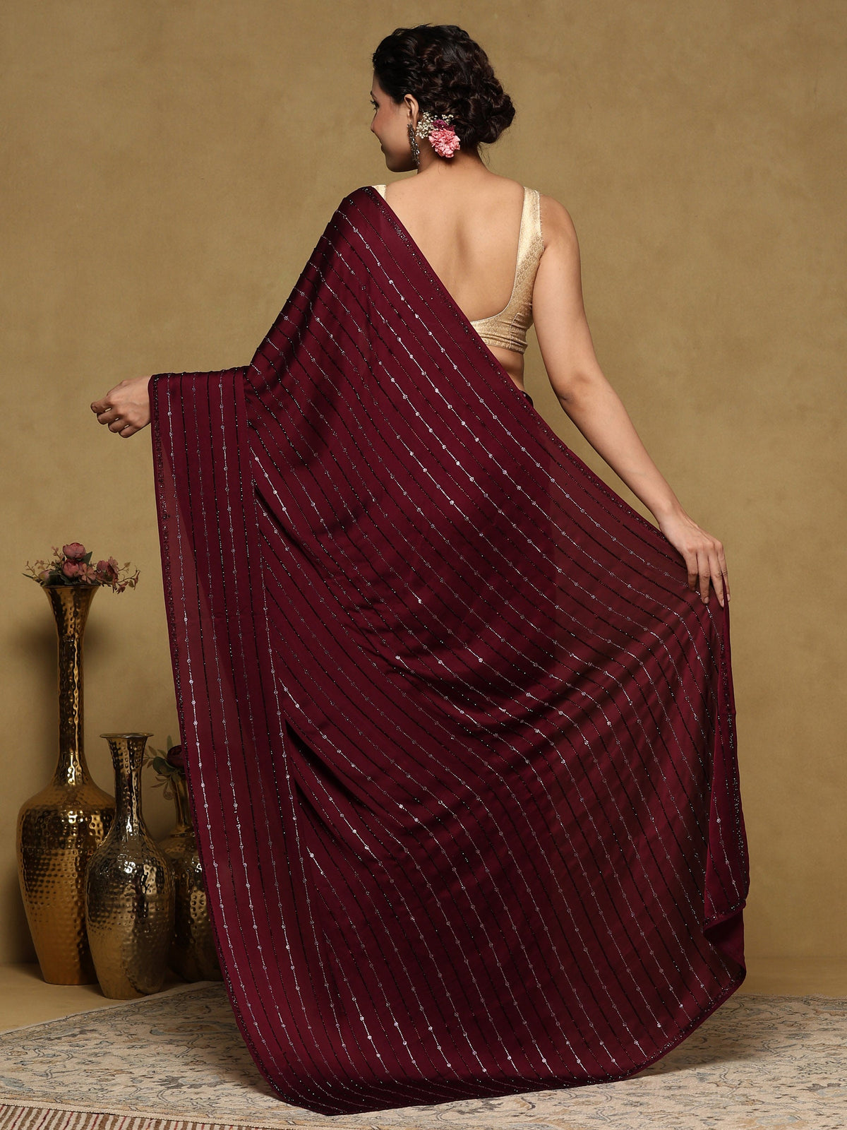 Wine Printed Satin Saree