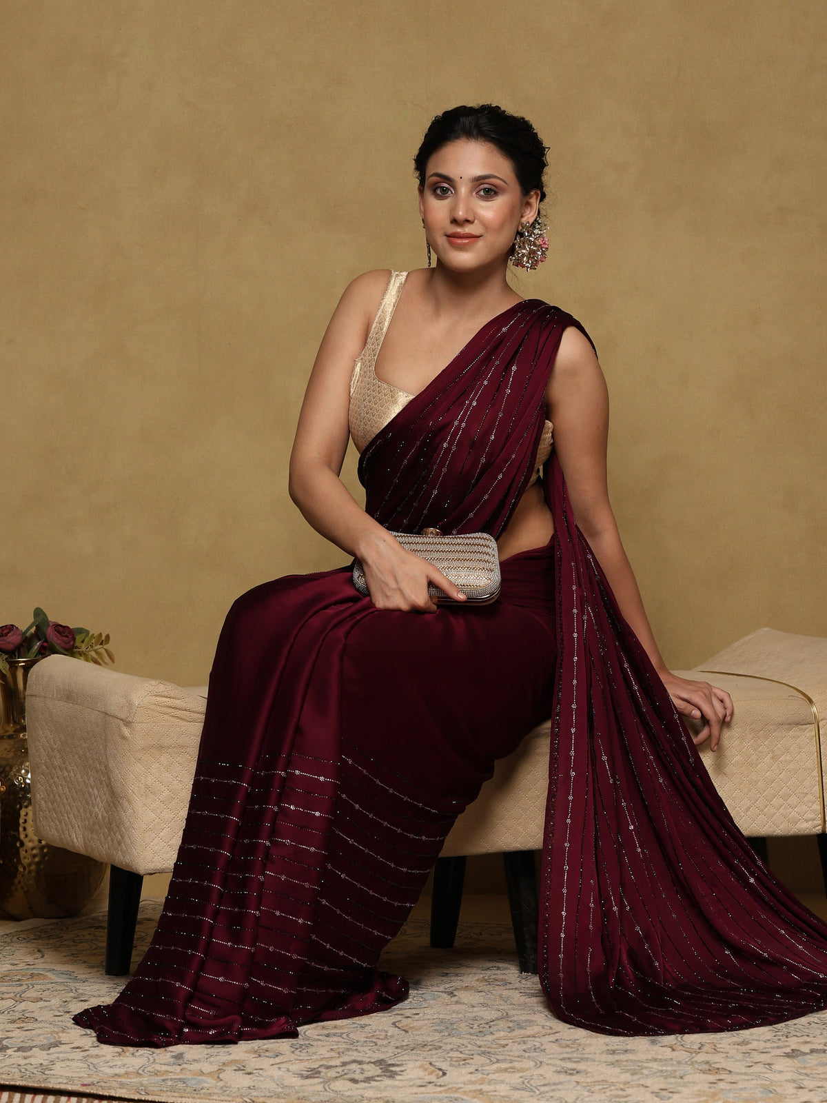 Wine Printed Satin Saree