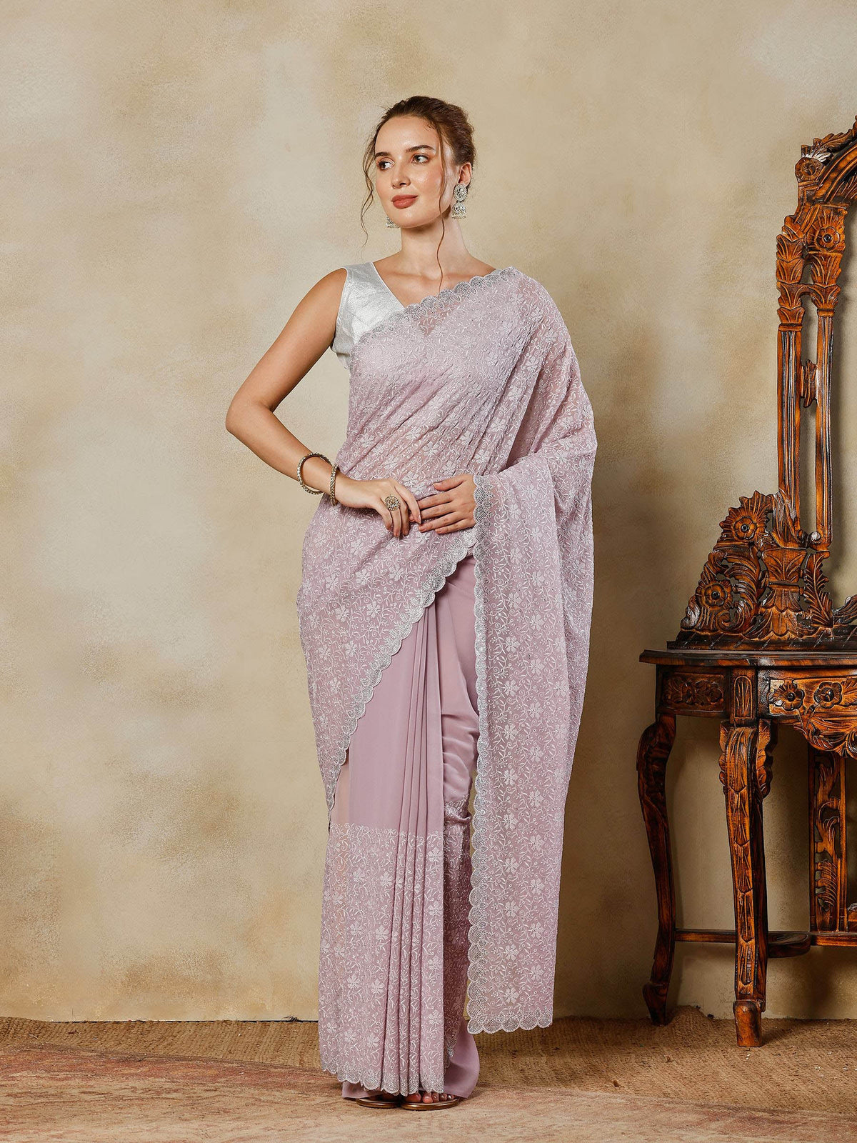 Lavender Embroidered Georgette Saree