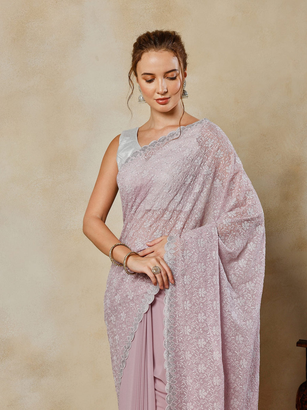 Lavender Embroidered Georgette Saree