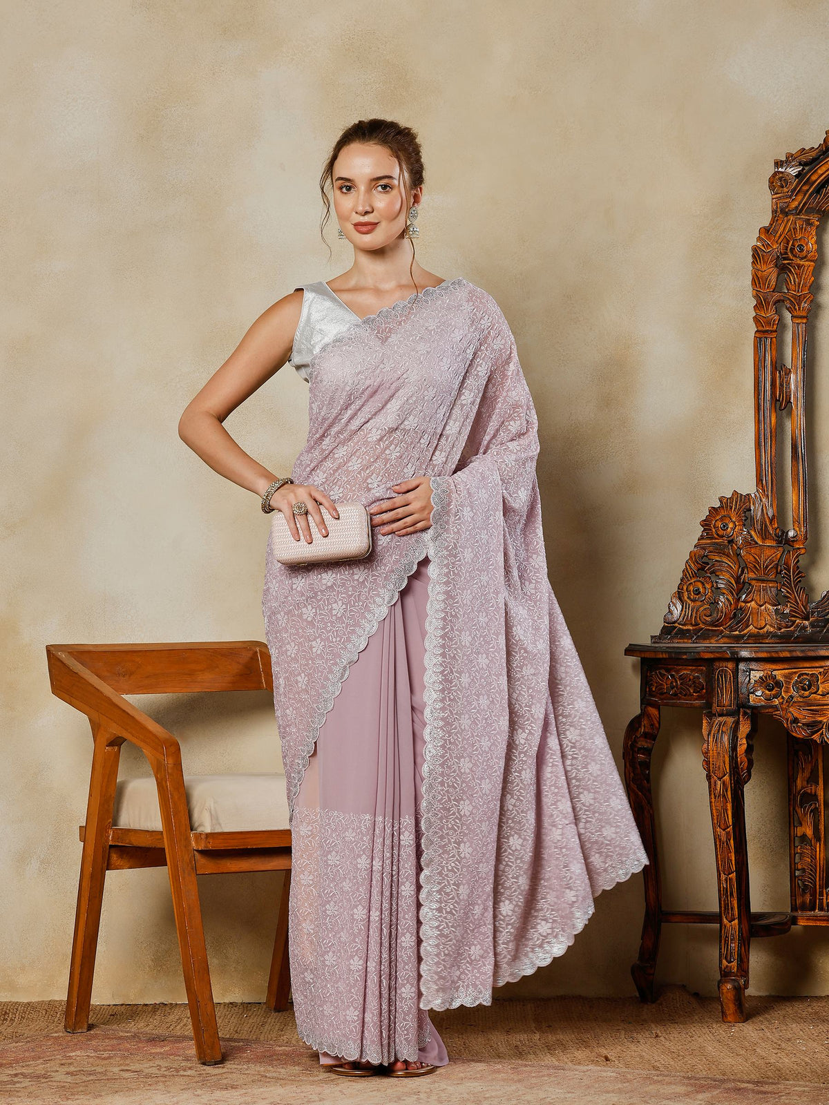 Lavender Embroidered Georgette Saree