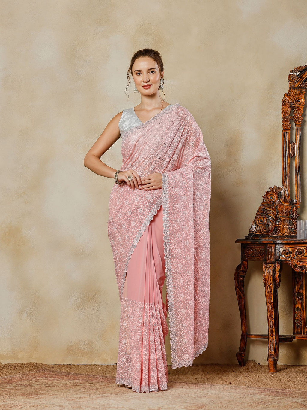 Pink Embroidered Georgette Saree