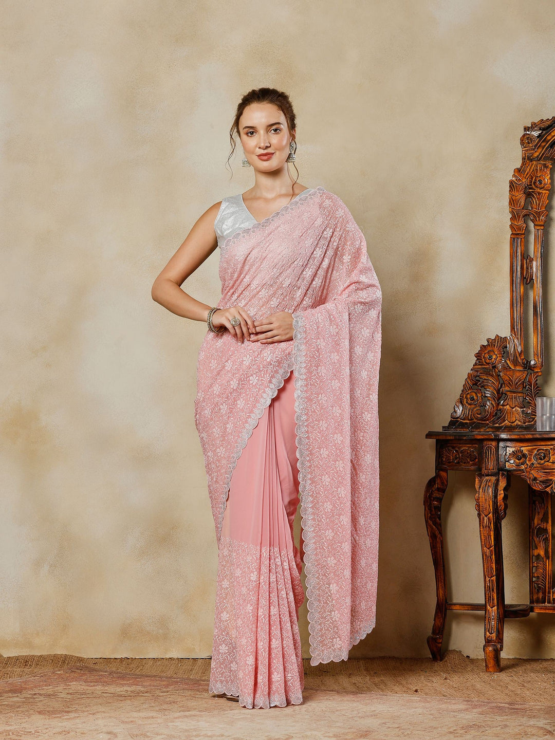Pink Embroidered Georgette Saree