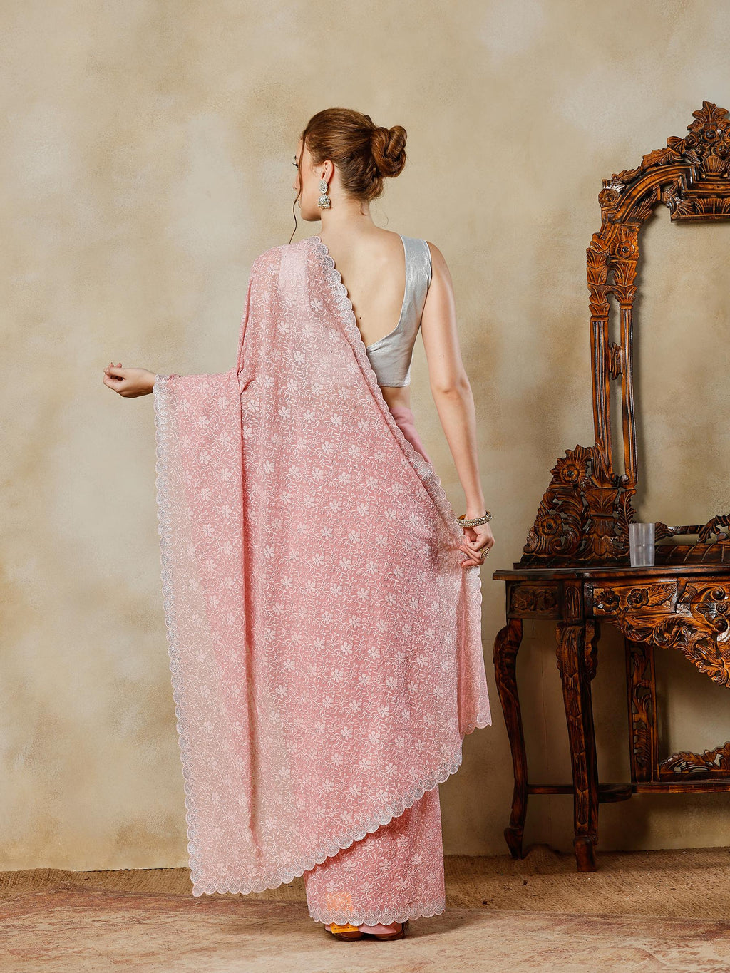 Pink Embroidered Georgette Saree