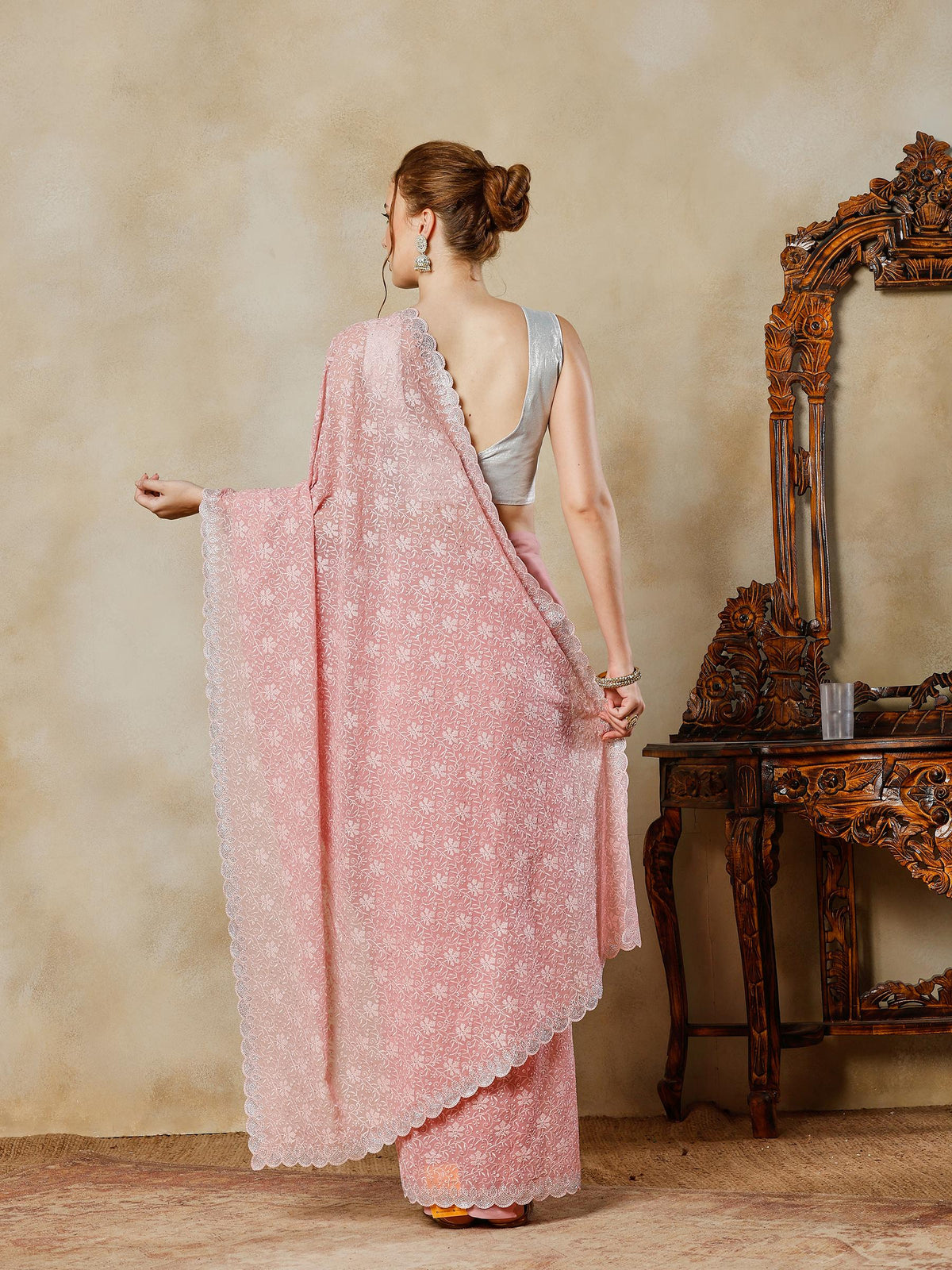 Pink Embroidered Georgette Saree