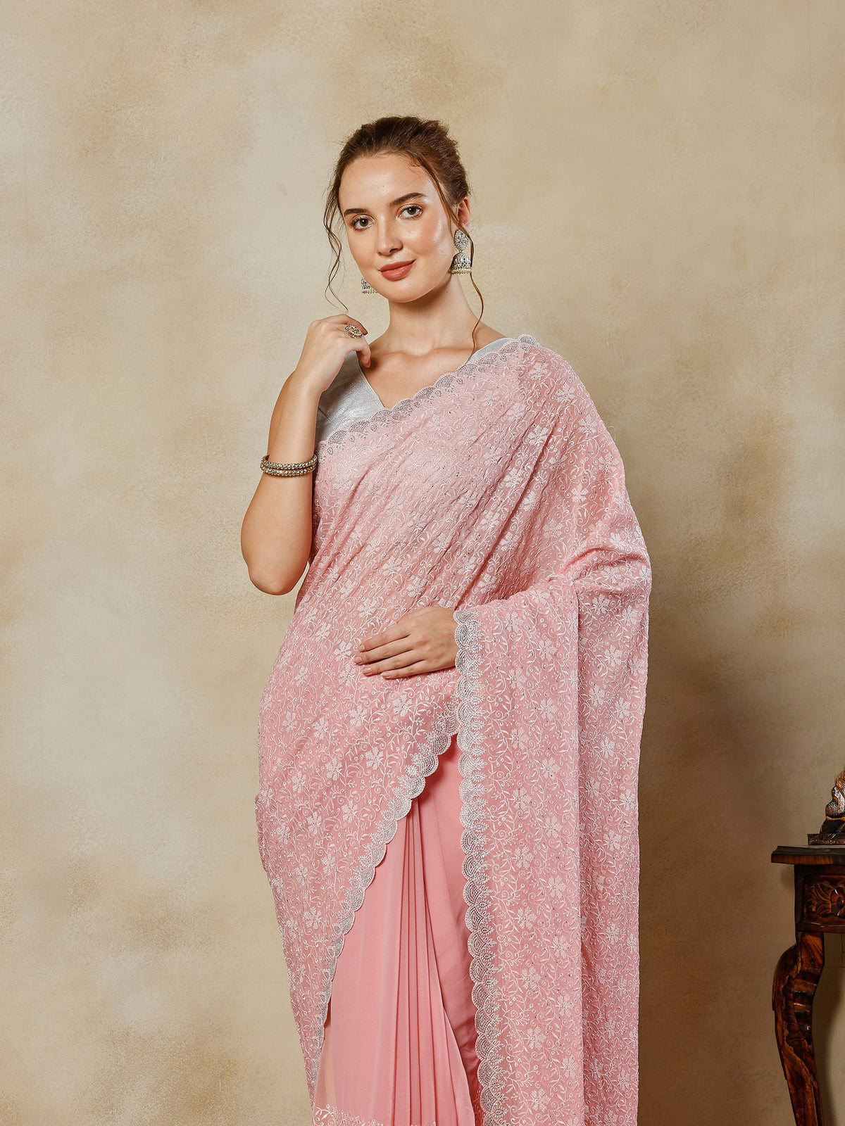 Pink Embroidered Georgette Saree