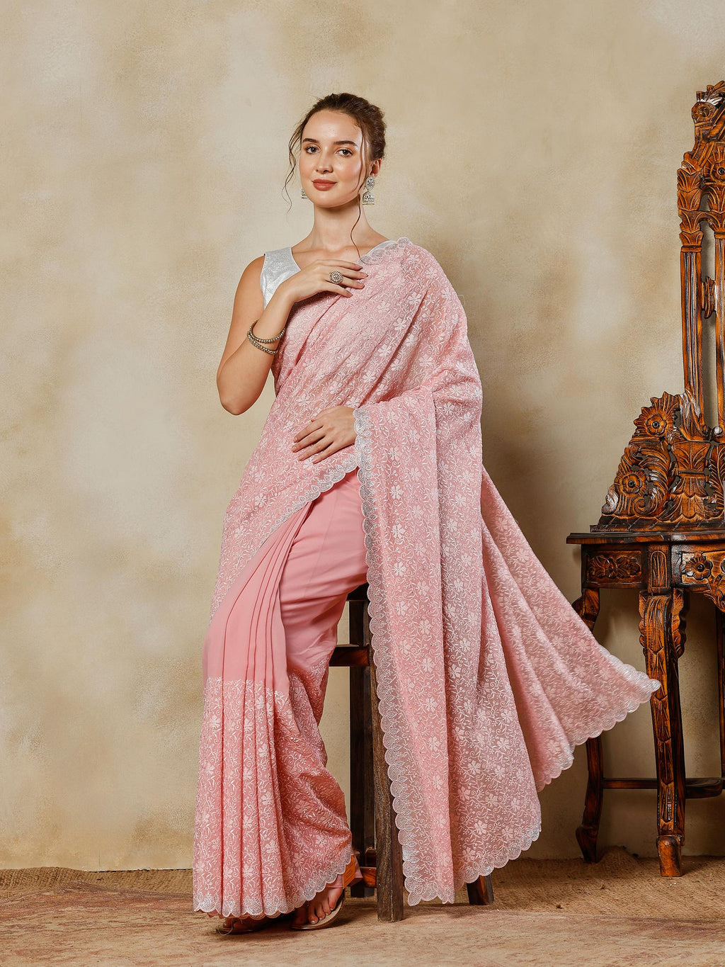 Pink Embroidered Georgette Saree