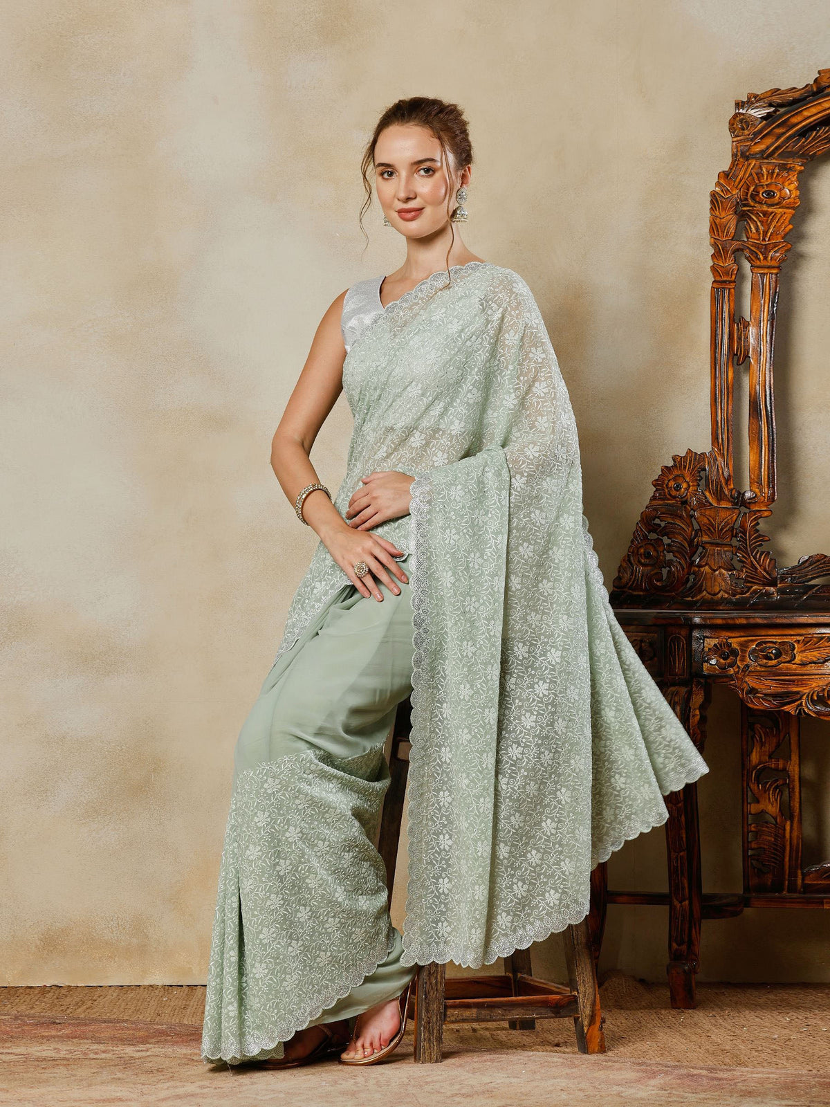 Sea Green Embroidered Georgette Saree