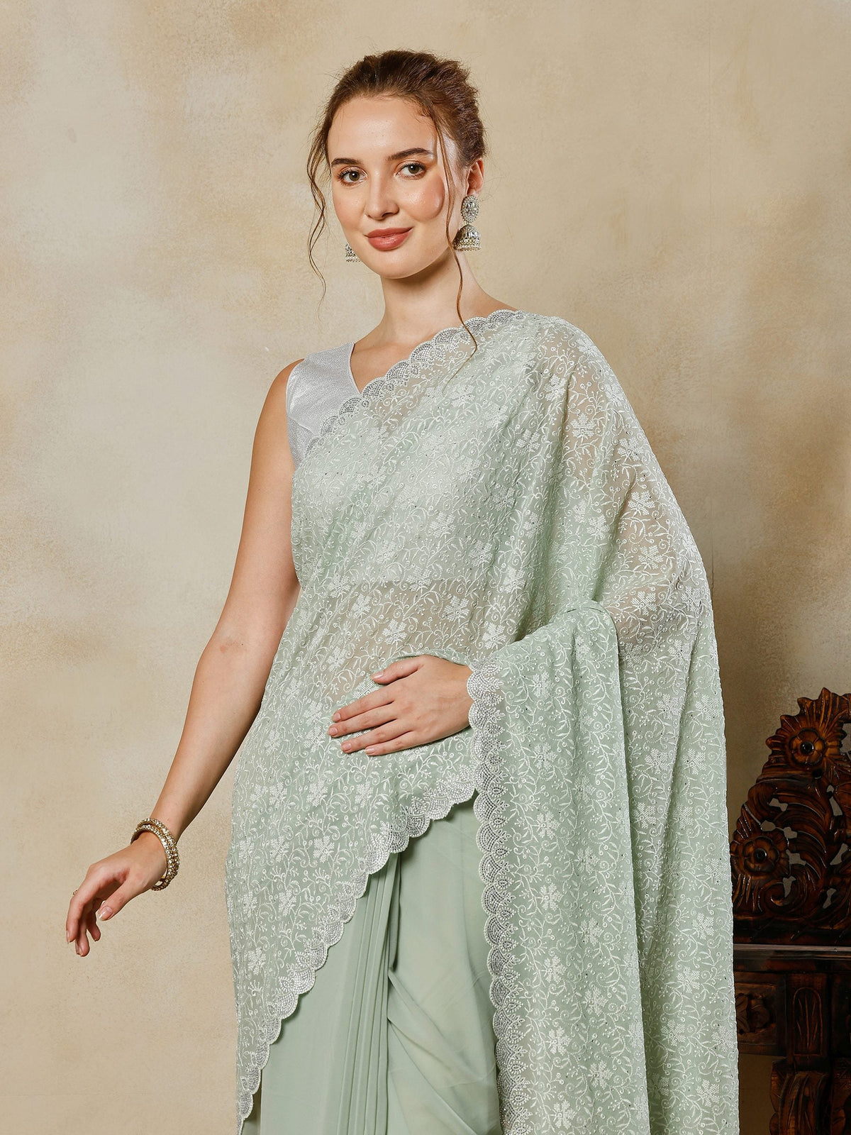 Sea Green Embroidered Georgette Saree