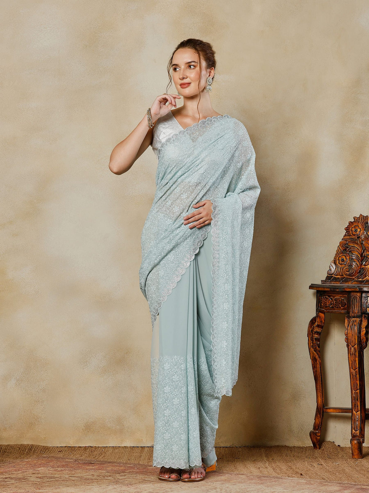Sky Blue Embroidered Georgette Saree