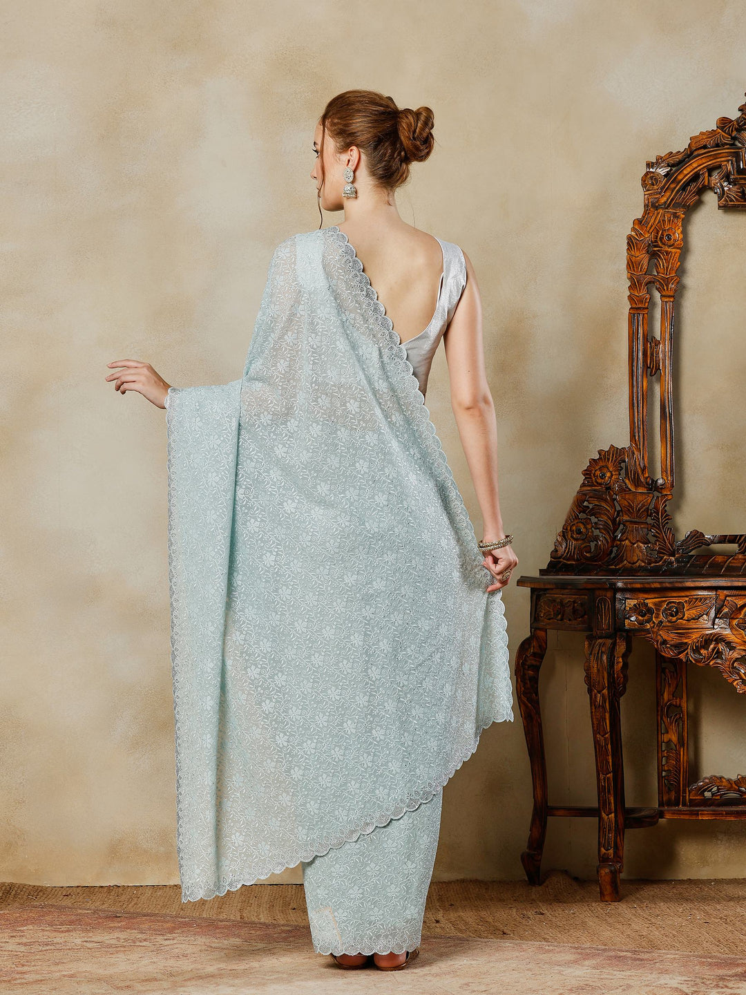 Sky Blue Embroidered Georgette Saree