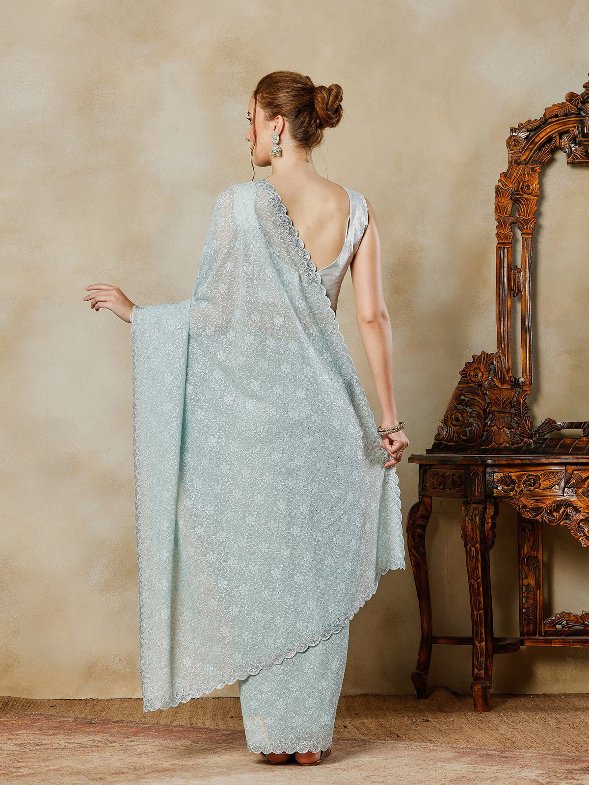 Sky Blue Embroidered Georgette Saree