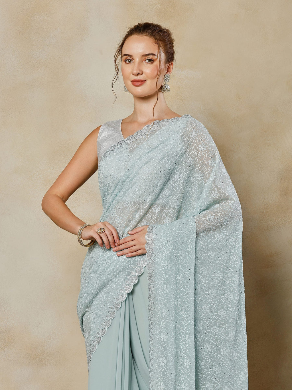 Sky Blue Embroidered Georgette Saree