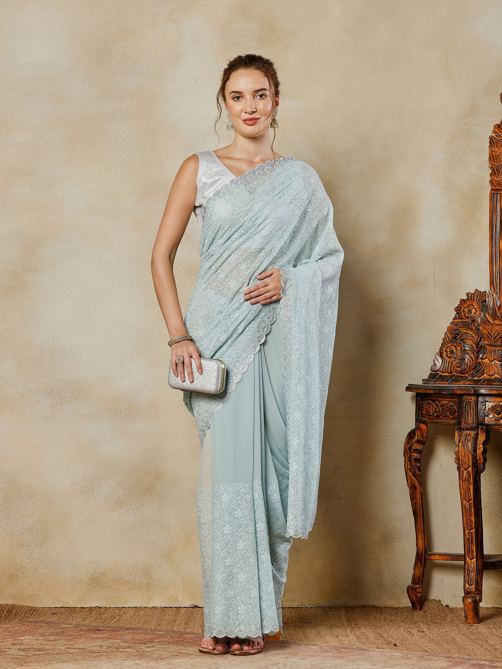 Sky Blue Embroidered Georgette Saree
