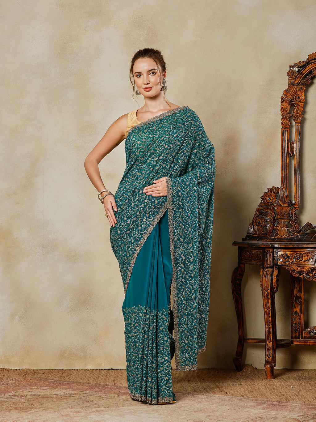 Green Embroidered Georgette Saree