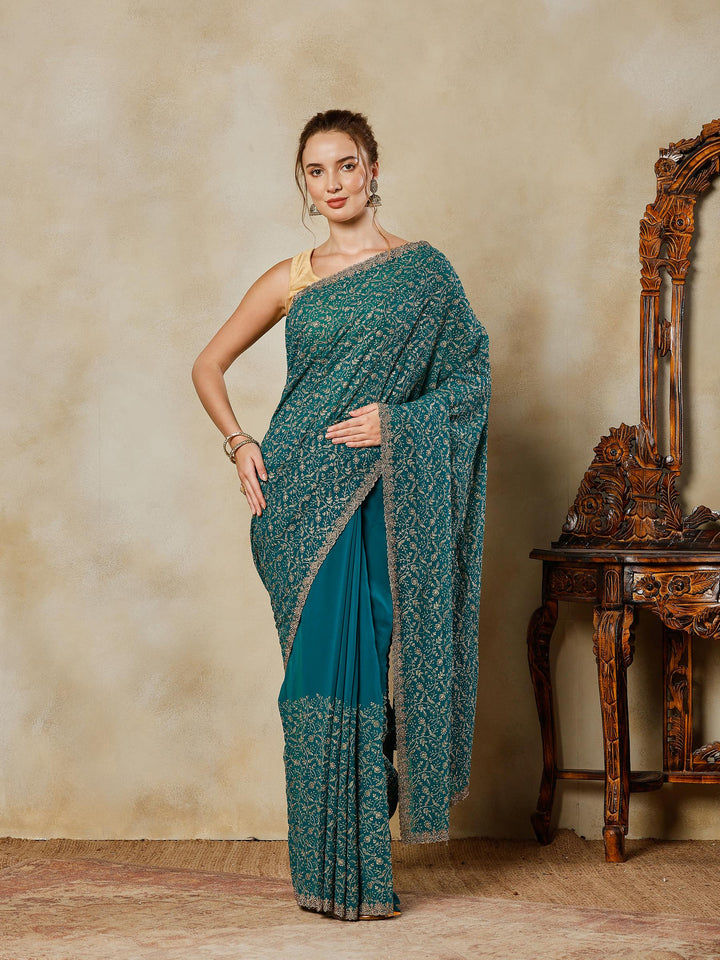 Green Embroidered Georgette Saree