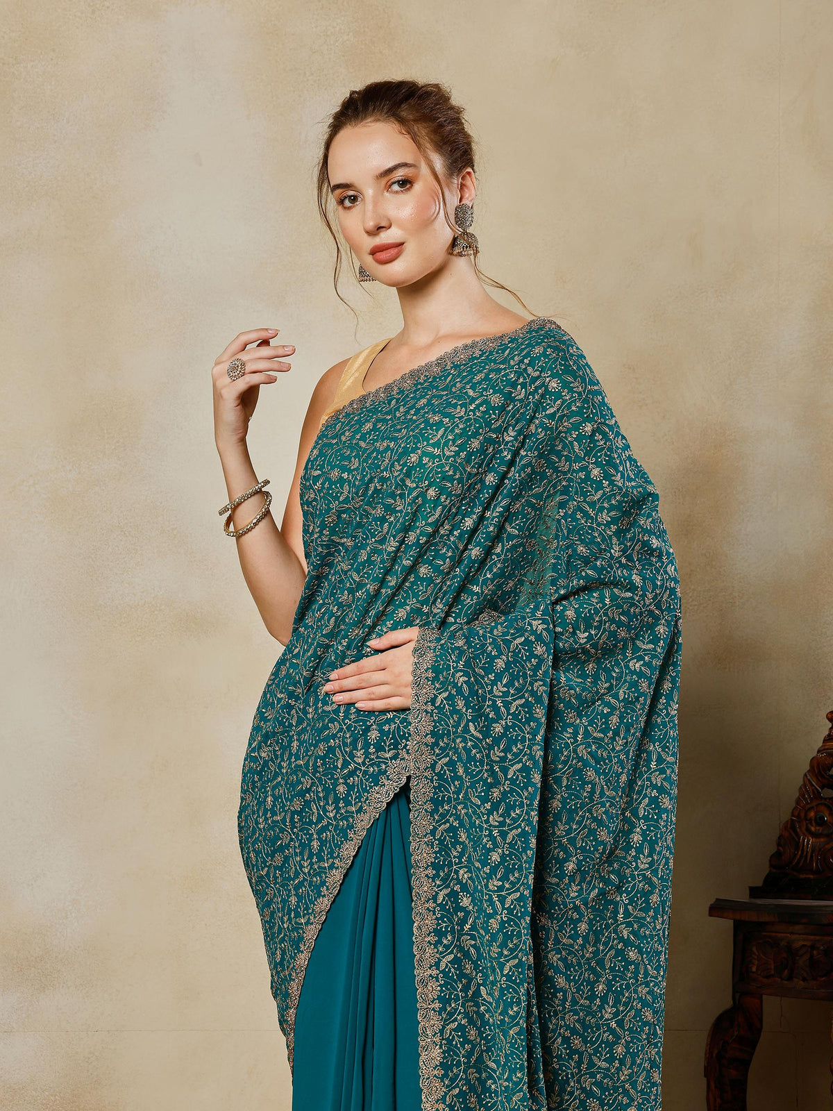 Green Embroidered Georgette Saree