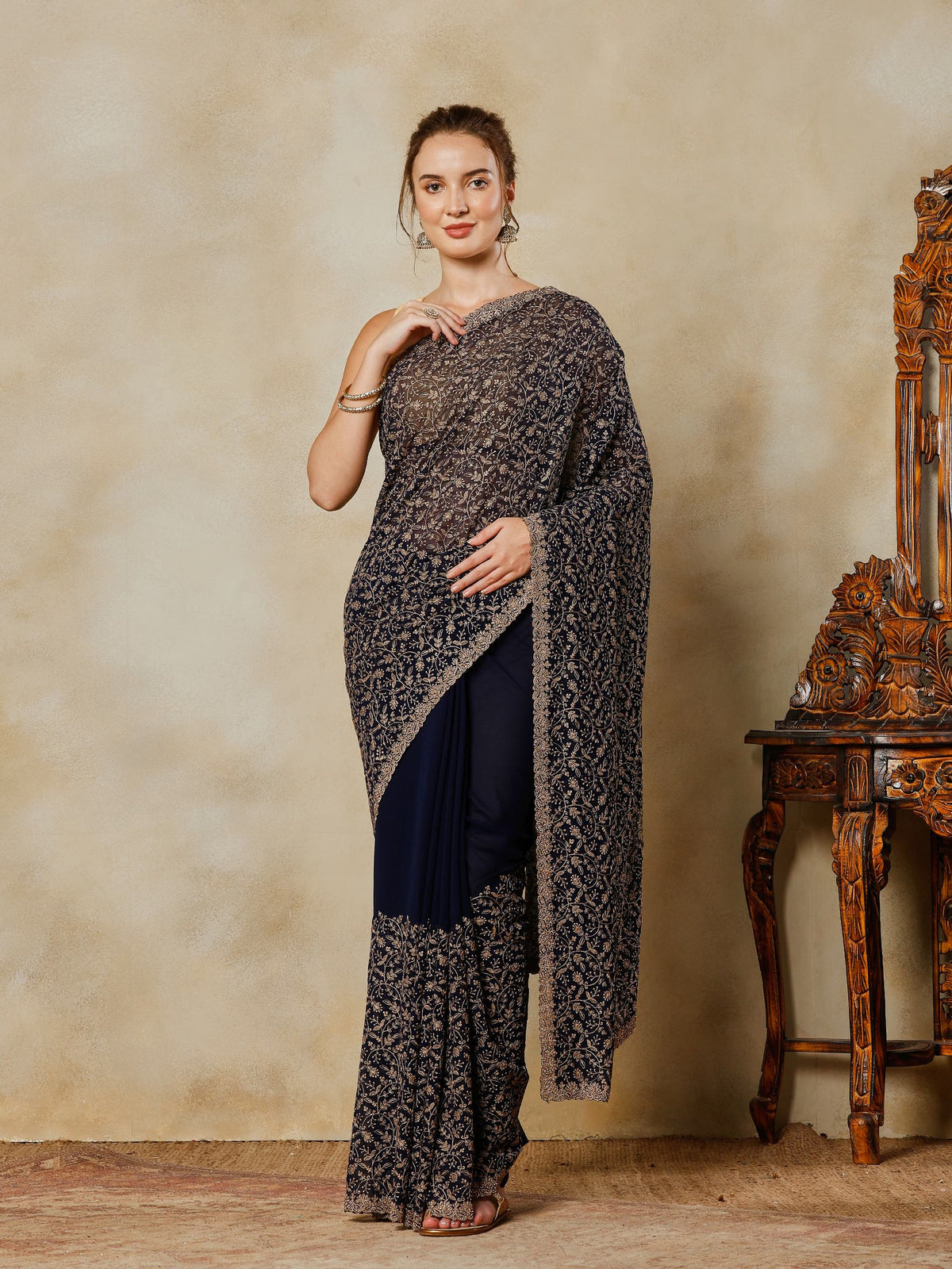 Navy Blue Embroidered Georgette Saree
