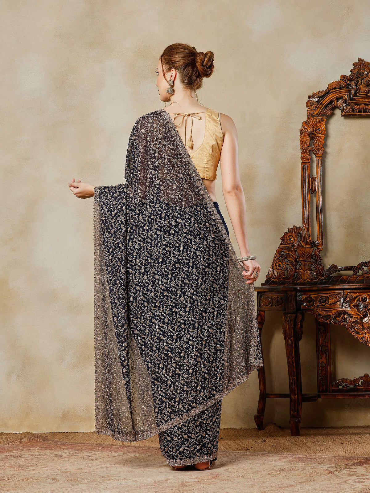 Navy Blue Embroidered Georgette Saree