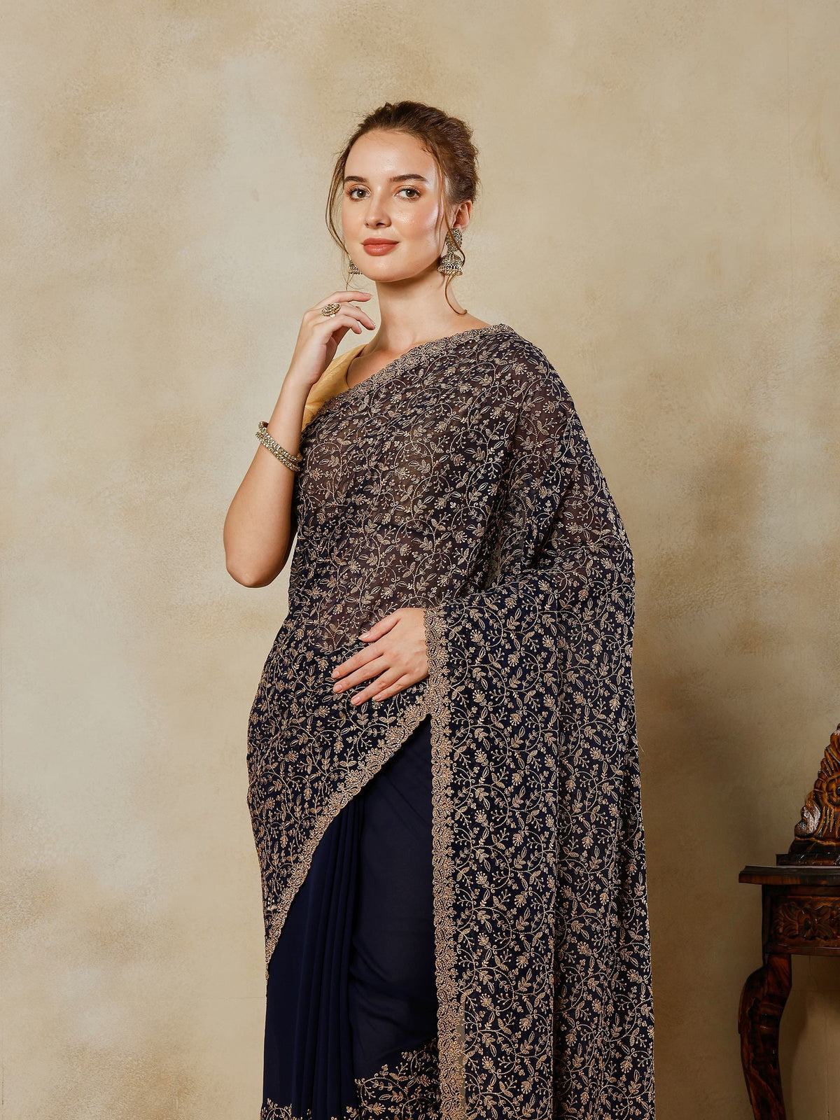 Navy Blue Embroidered Georgette Saree