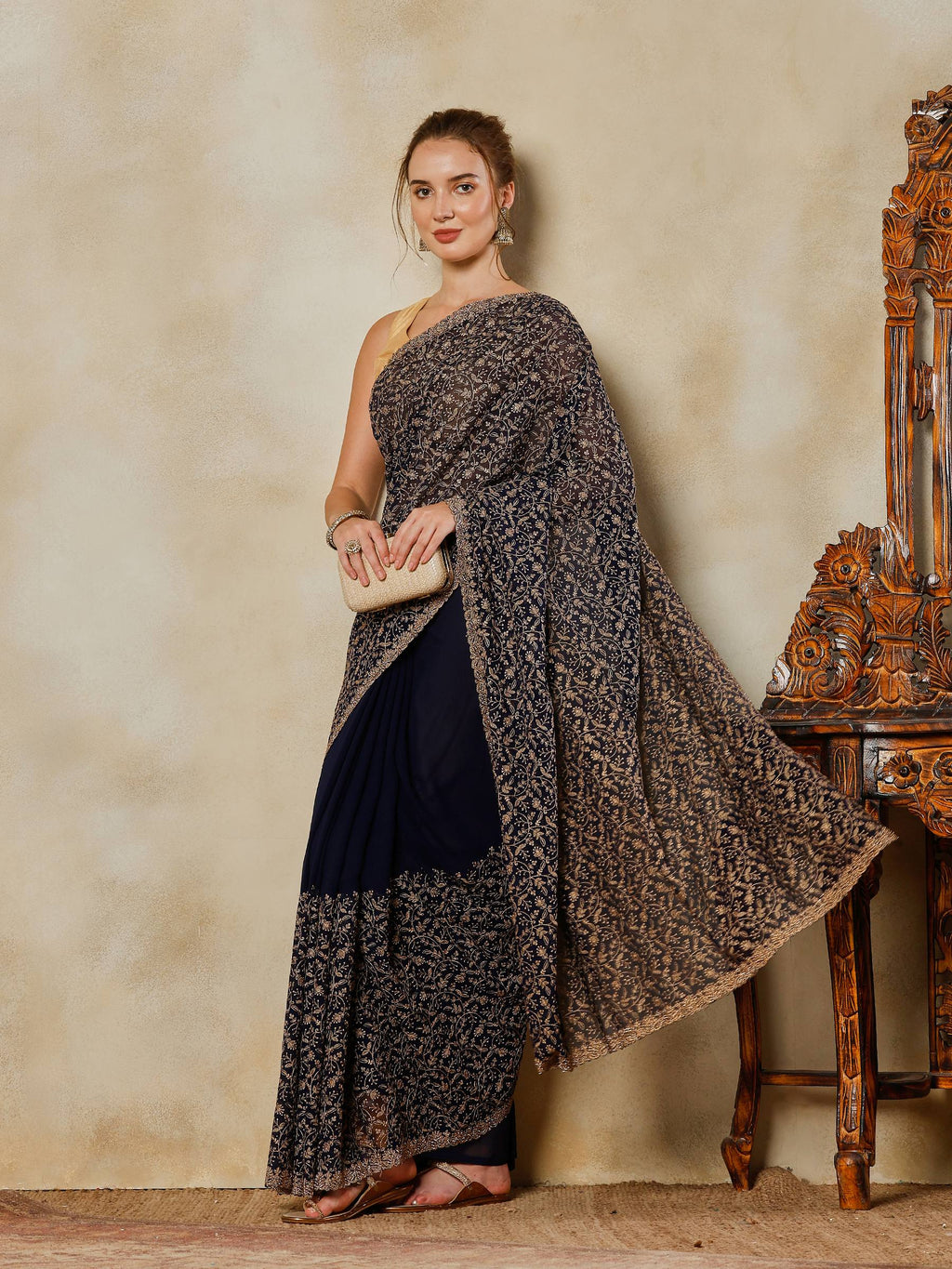 Navy Blue Embroidered Georgette Saree