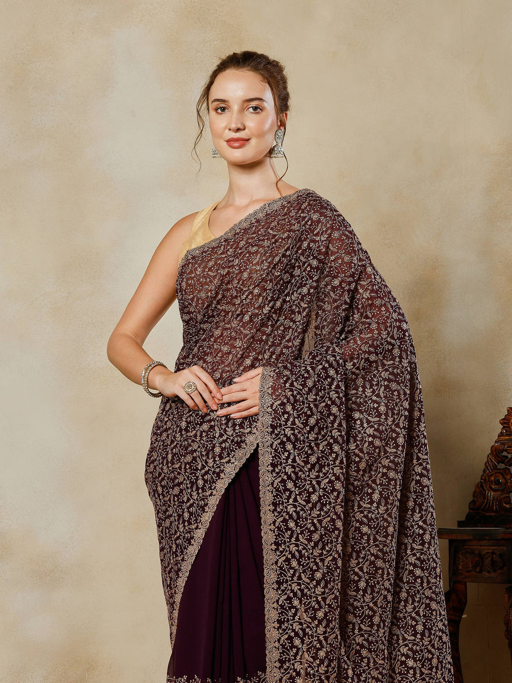 Purple Embroidered Georgette Saree