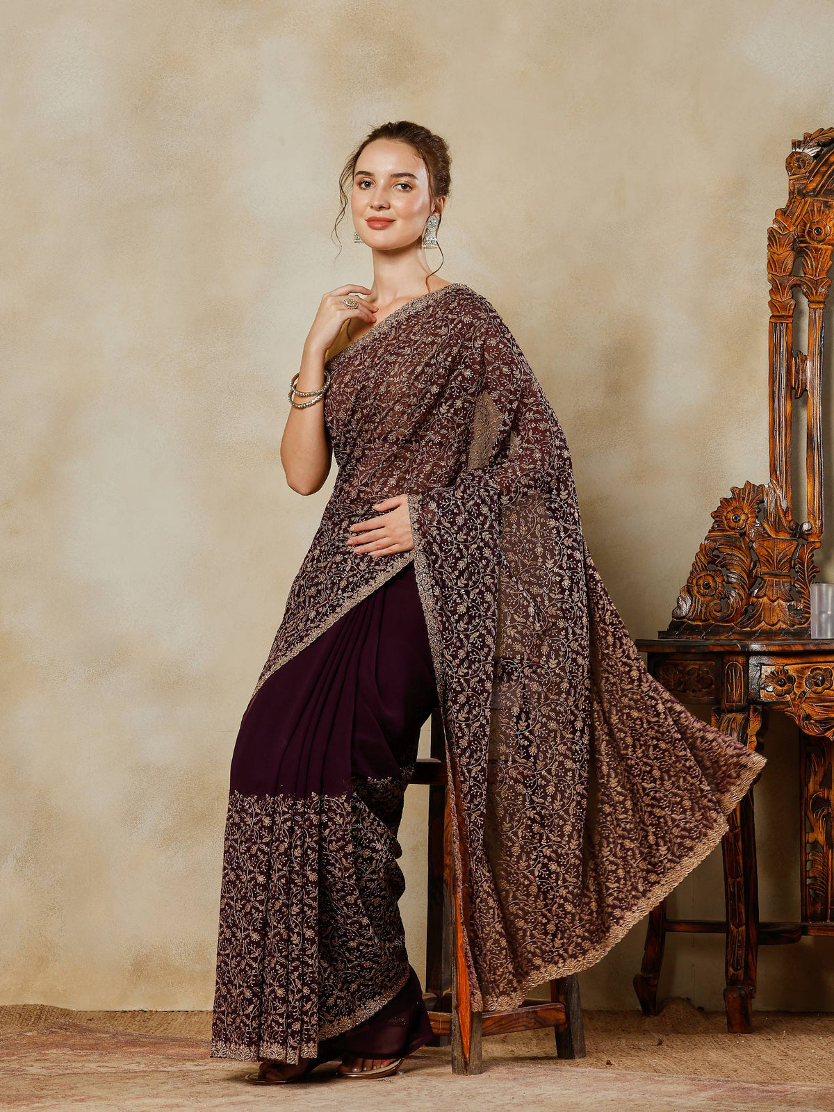 Purple Embroidered Georgette Saree