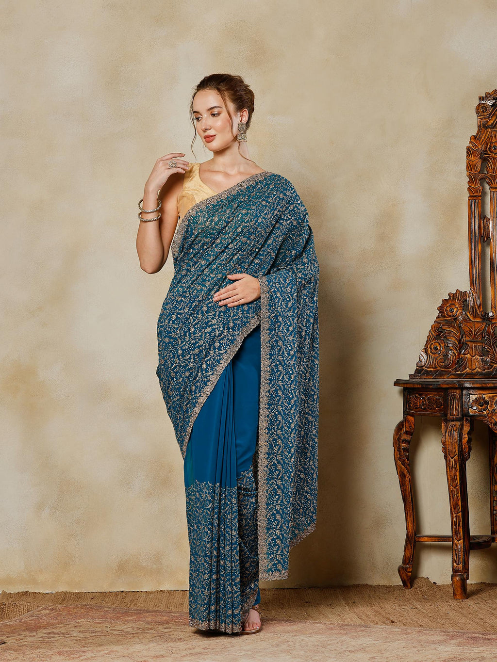 Rama Green Embroidered Georgette Saree