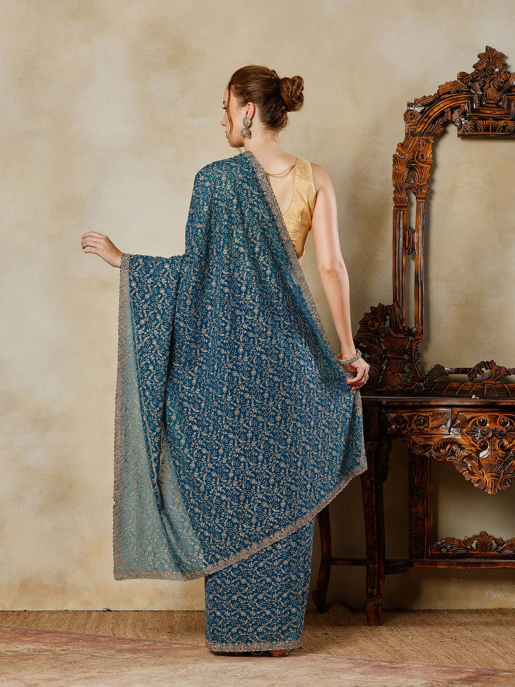Rama Green Embroidered Georgette Saree