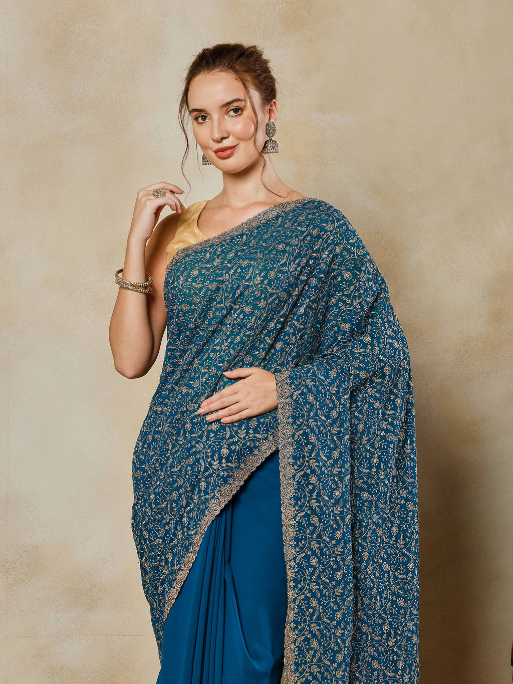 Rama Green Embroidered Georgette Saree