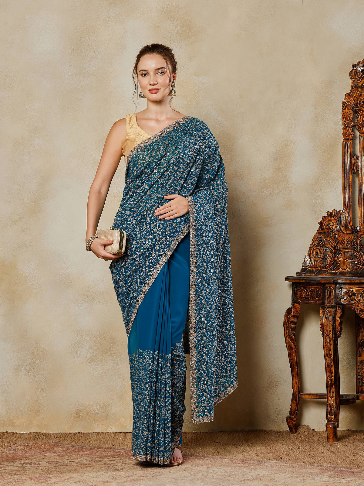 Rama Green Embroidered Georgette Saree
