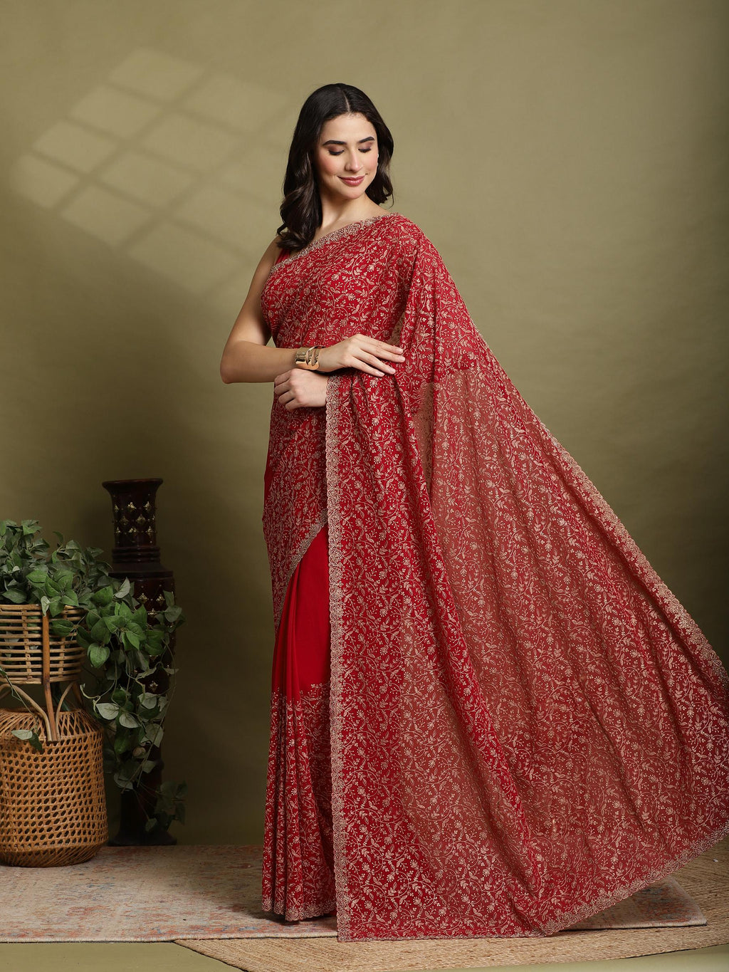 Rani Embroidered Georgette Saree